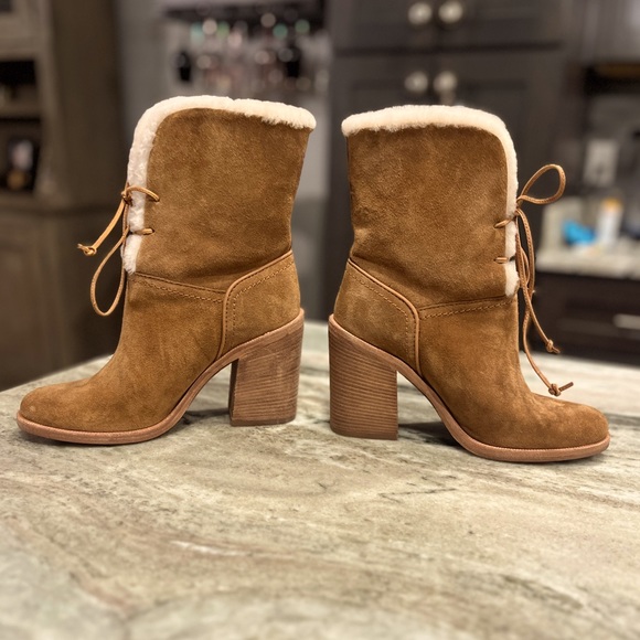 WOMEN'S JERENE SUEDE AND SHEEPSKIN HIGH BLOCK HEEL BOOTIES IN BROWN - Picture 3 of 6